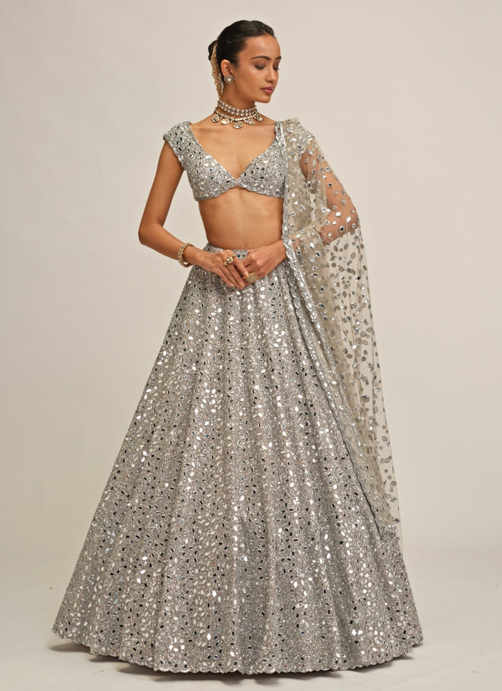 Silver Embroidered Crepe Lehenga