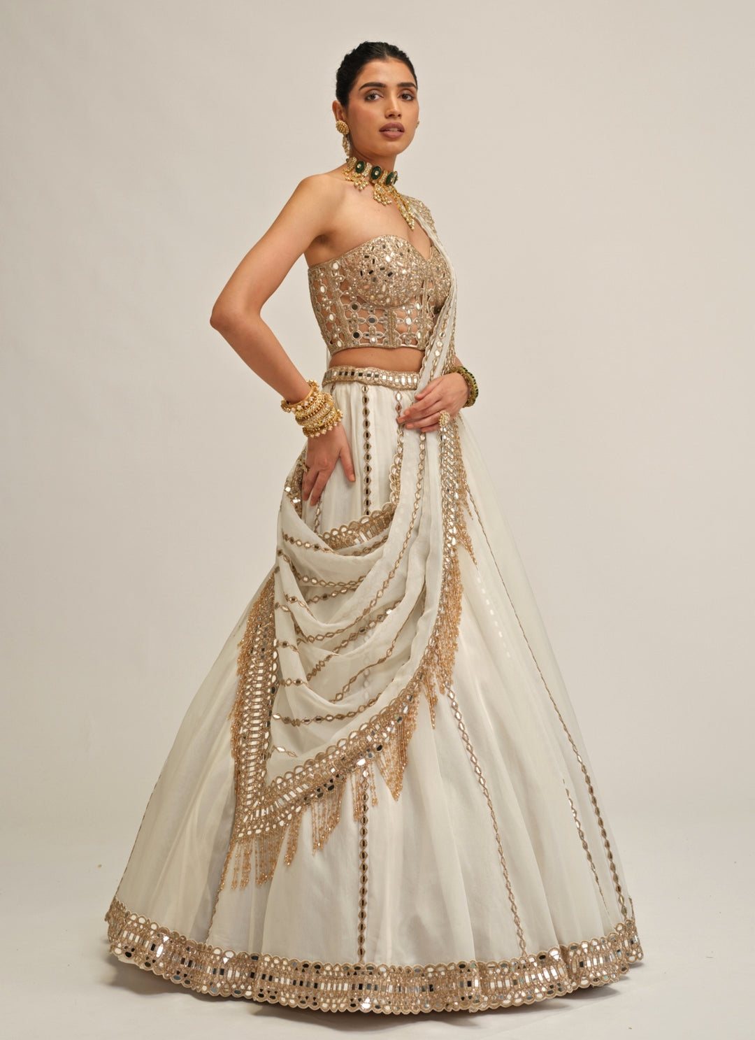 Ivory Embroidered Organza Corset Lehenga