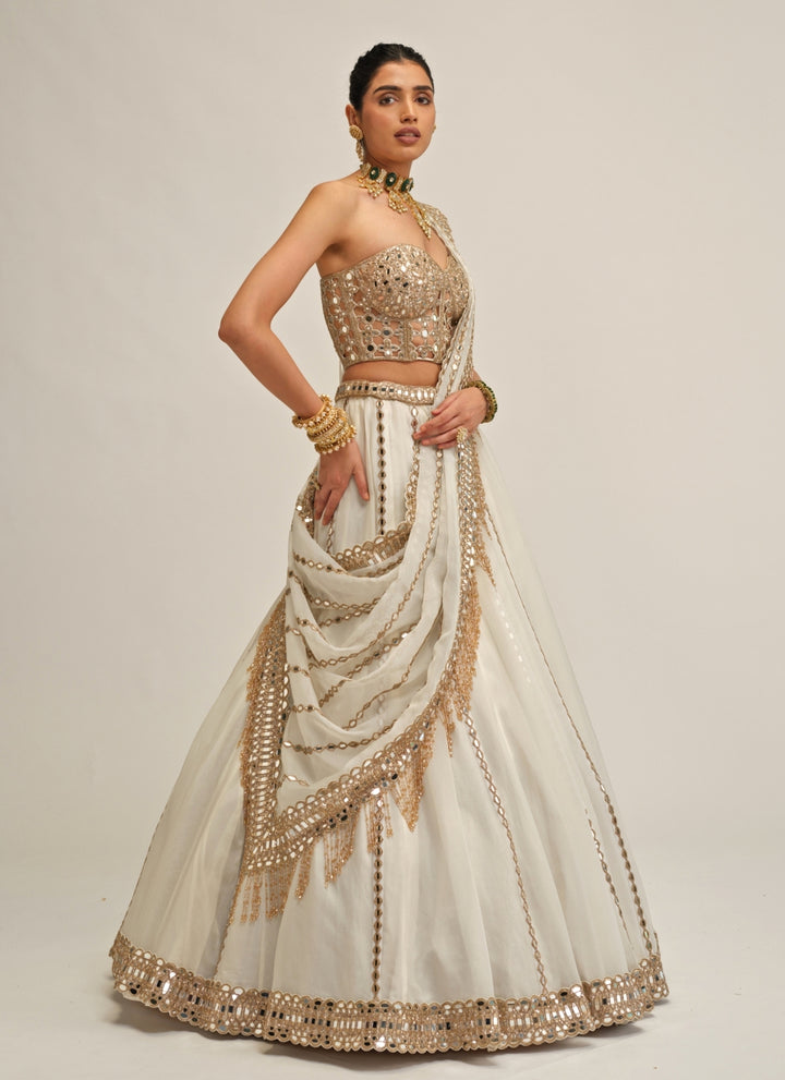 Ivory Embroidered Organza Corset Lehenga