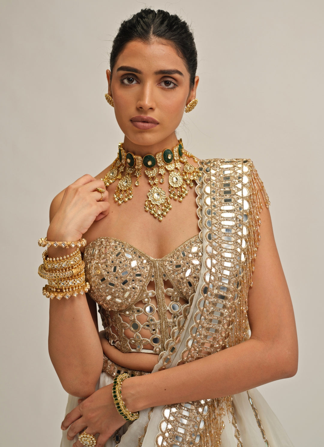 Ivory Embroidered Organza Corset Lehenga