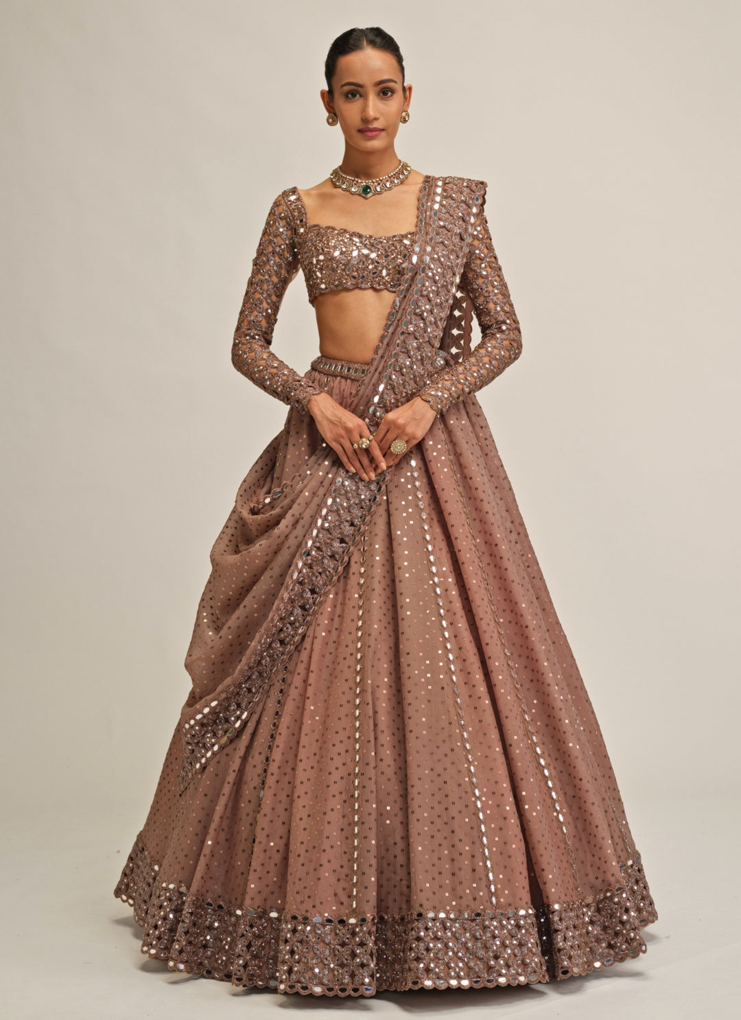 Metallic Brown Embroidered Organza Lehenga
