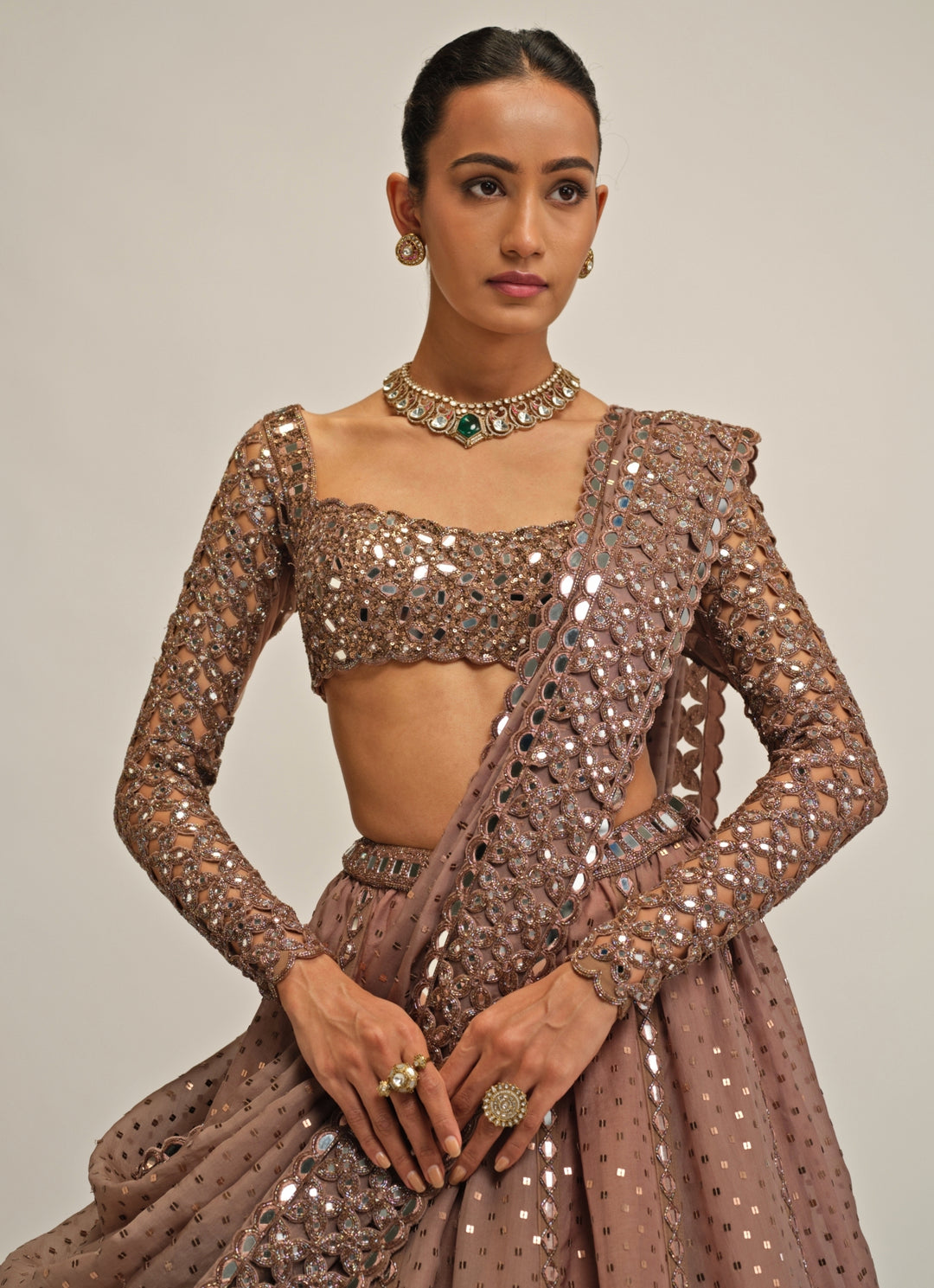 Metallic Brown Embroidered Organza Lehenga
