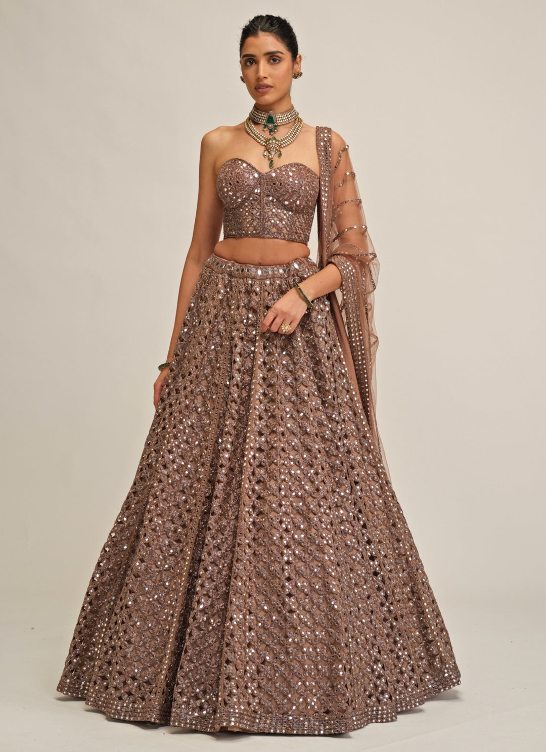 Metallic Brown Floral Georgette Lehenga