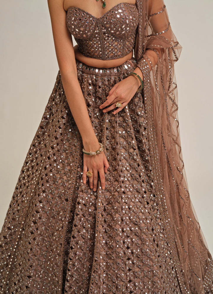 Metallic Brown Floral Georgette Lehenga