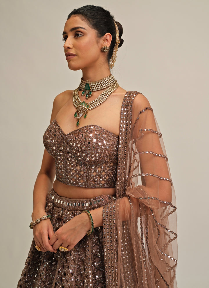 Metallic Brown Floral Georgette Lehenga