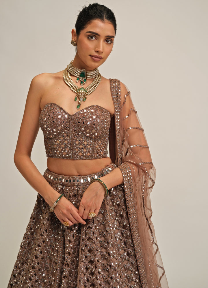 Metallic Brown Floral Georgette Lehenga