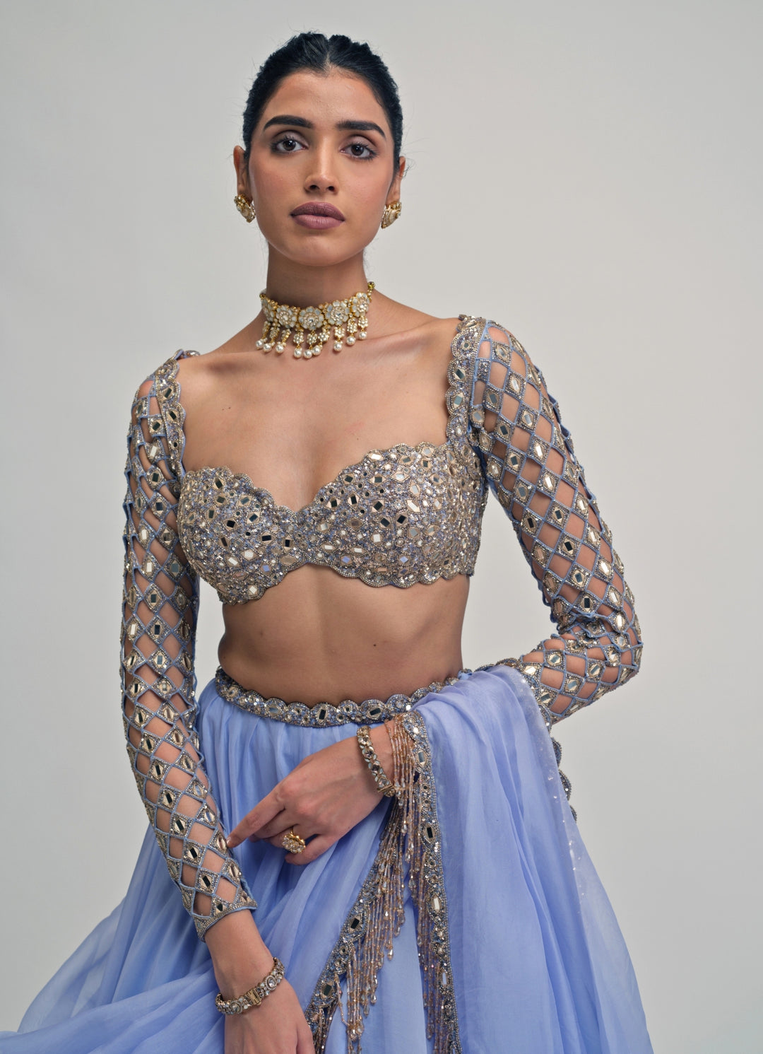 Dew Blue Embroidered Organza Lehenga
