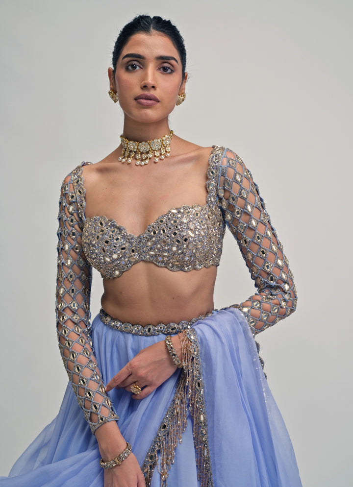 Dew Blue Embroidered Organza Lehenga