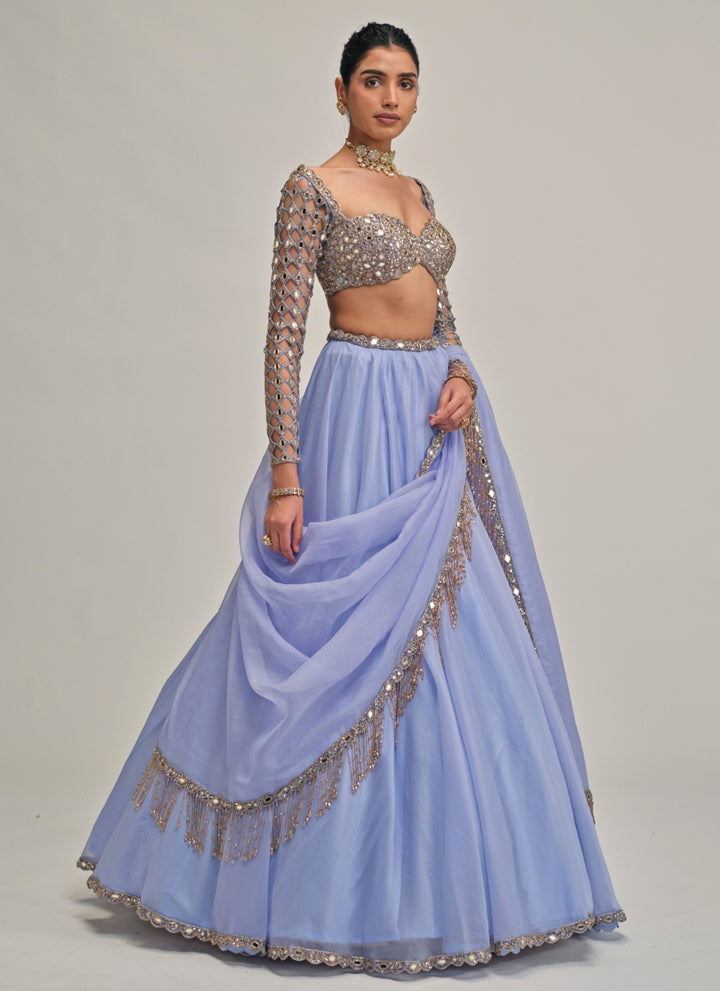 Dew Blue Embroidered Organza Lehenga