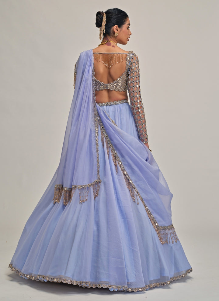 Dew Blue Embroidered Organza Lehenga