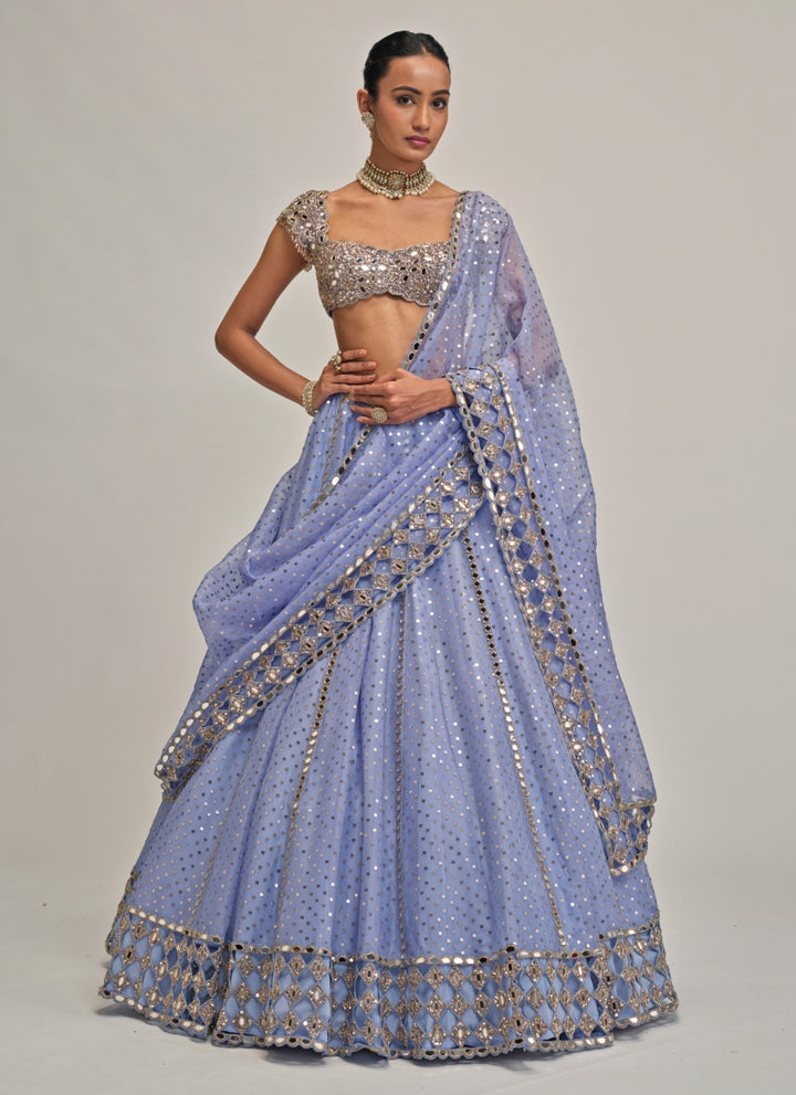 Dew Blue Sequins Embroidered Organza Lehenga