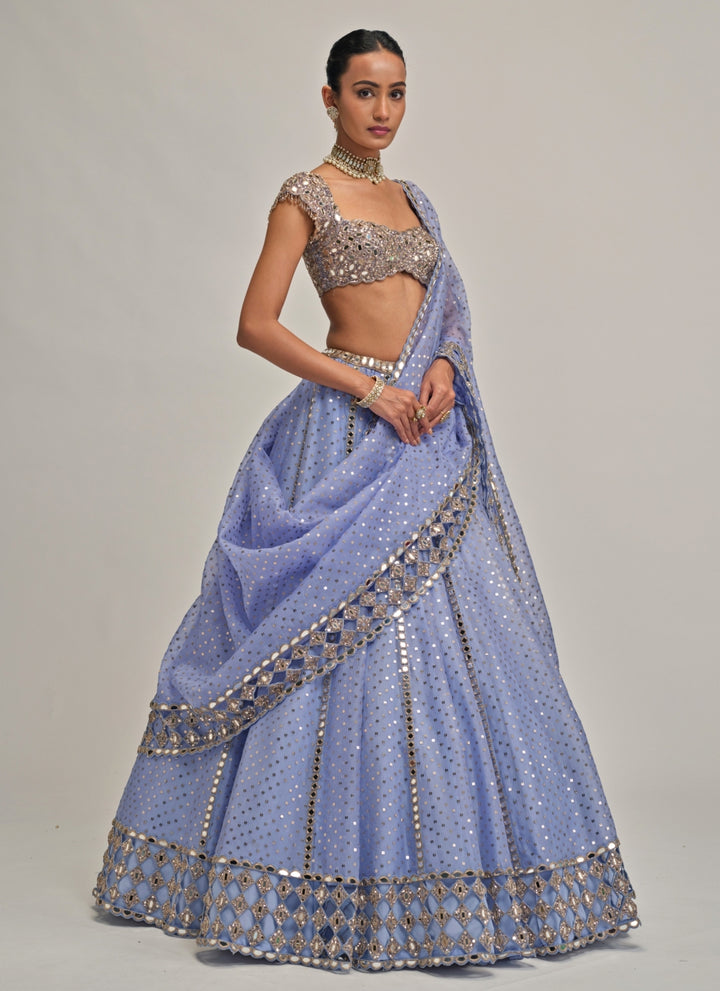 Dew Blue Sequins Embroidered Organza Lehenga
