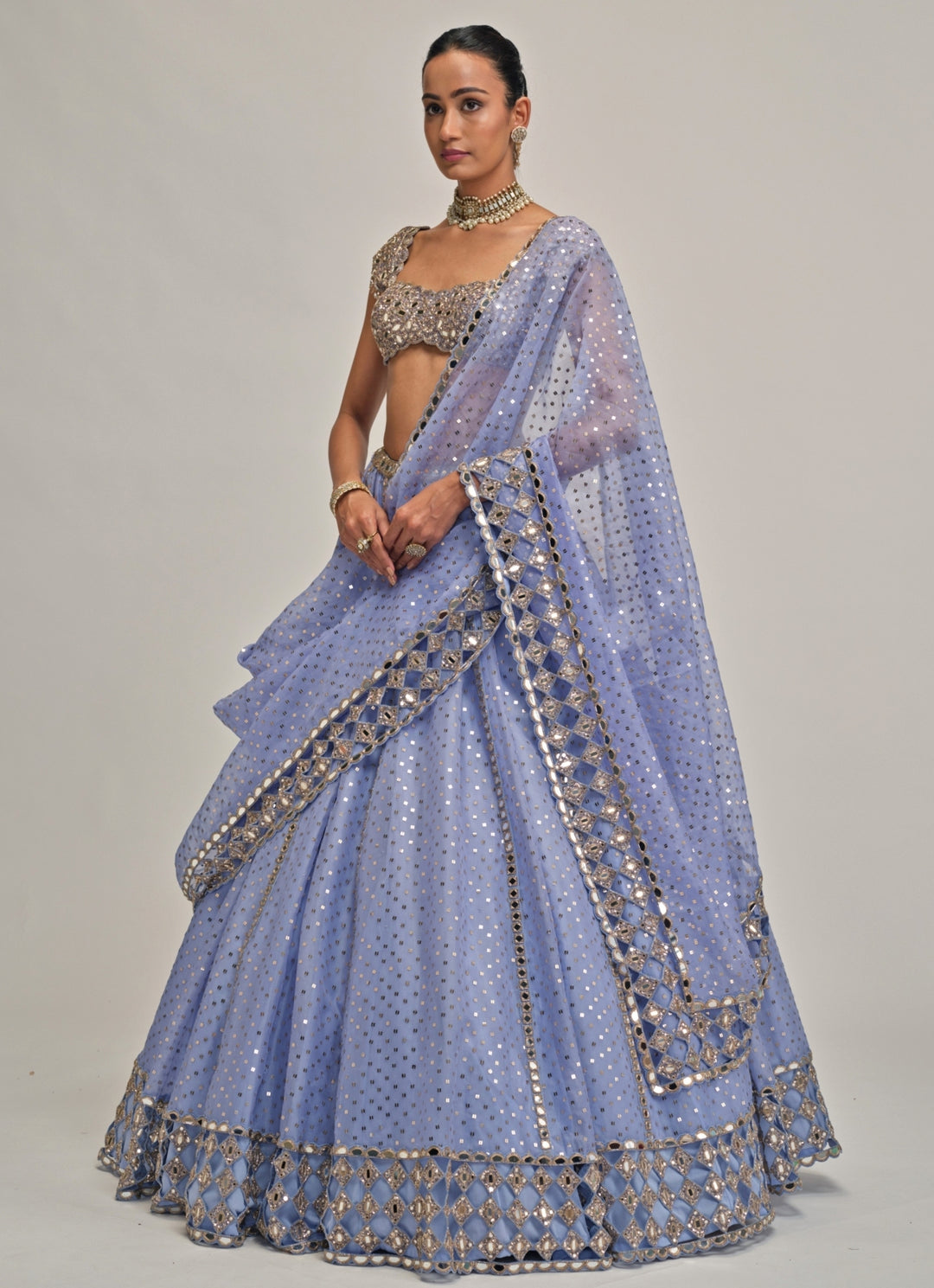 Dew Blue Sequins Embroidered Organza Lehenga