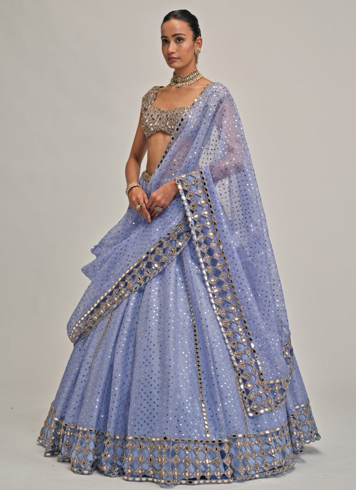 Dew Blue Sequins Embroidered Organza Lehenga