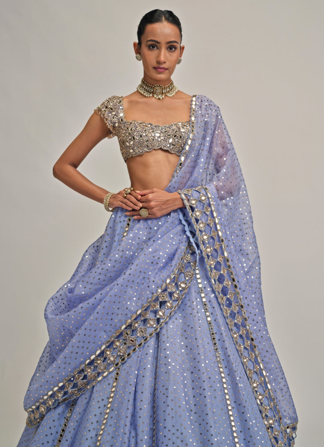 Dew Blue Sequins Embroidered Organza Lehenga