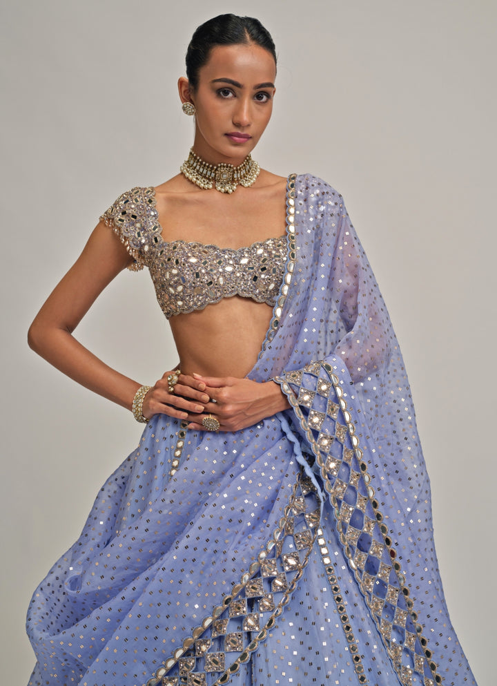 Dew Blue Sequins Embroidered Organza Lehenga