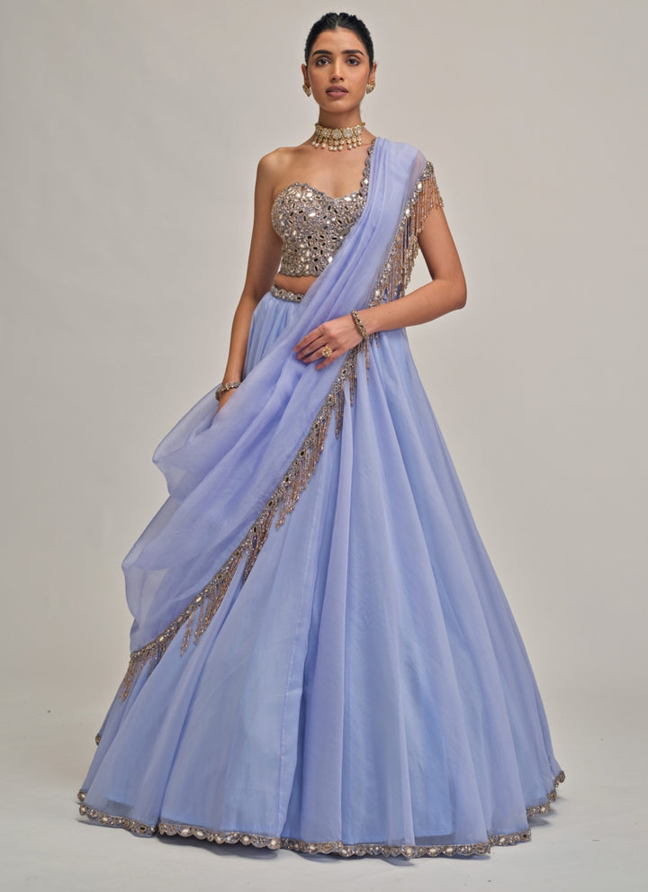 Dew Blue Organza Corset Lehenga
