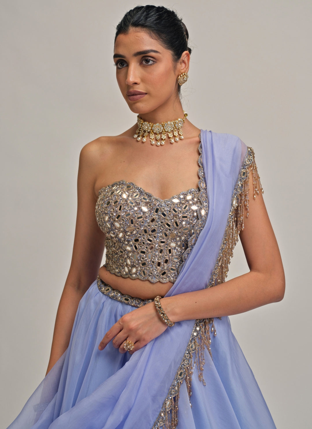 Dew Blue Organza Corset Lehenga