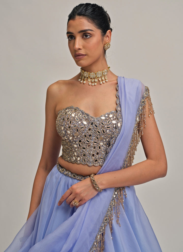 Dew Blue Organza Corset Lehenga