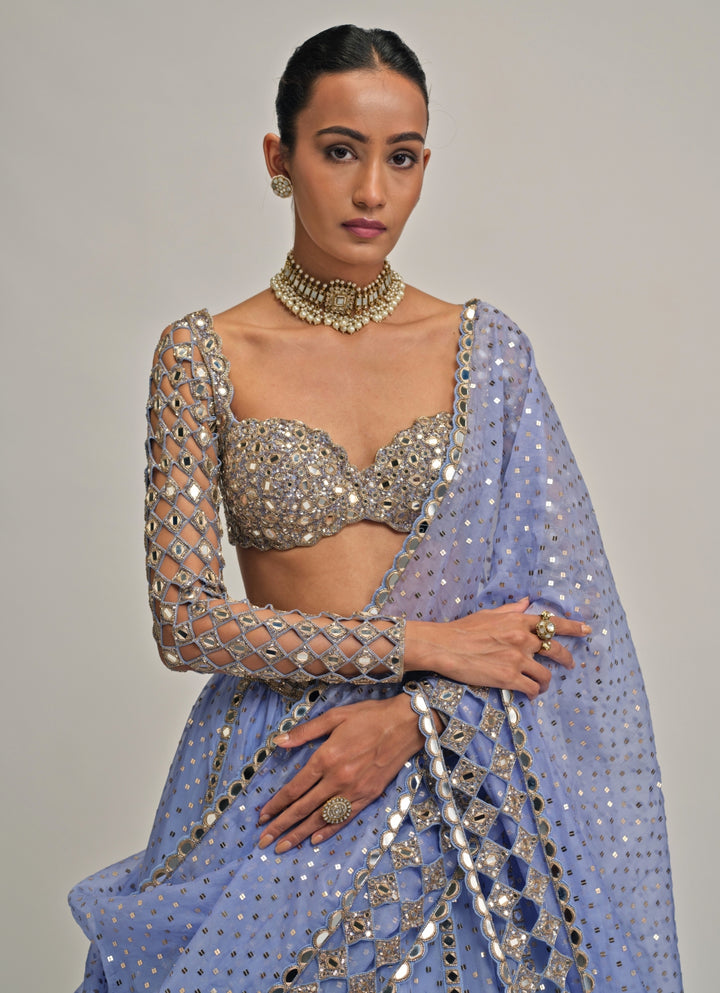 Dew Blue Cutwork Organza Lehenga