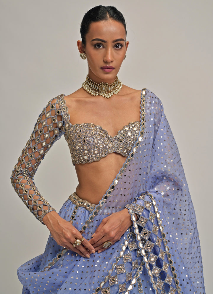 Dew Blue Cutwork Organza Lehenga