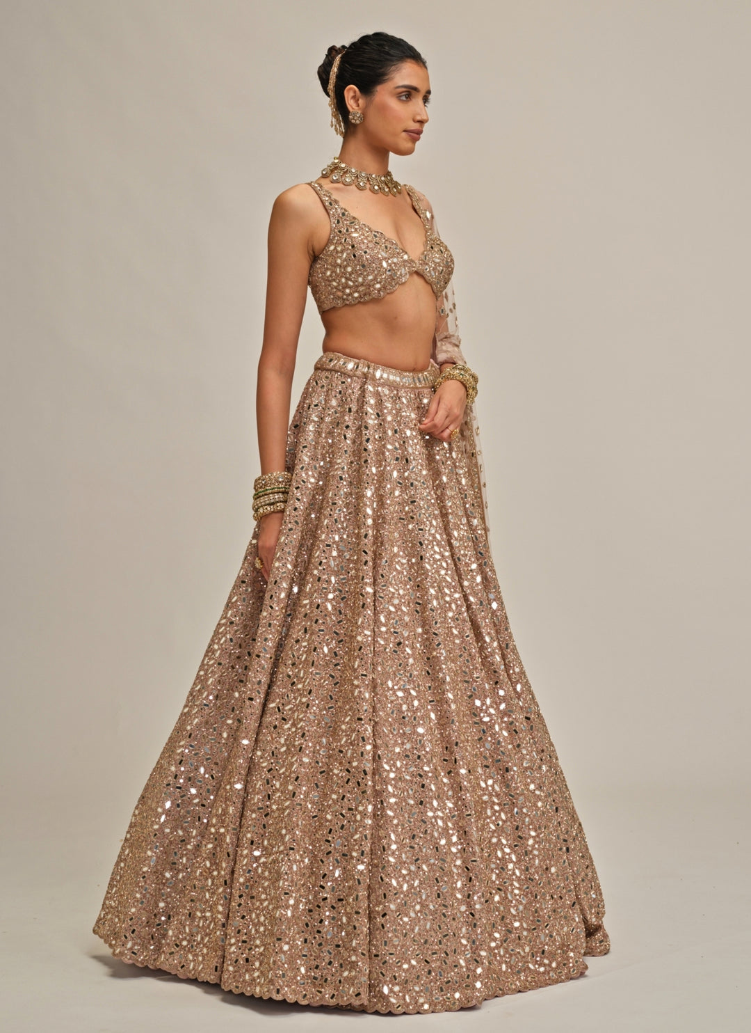 Ash Pink Mirror Embroidered Crepe Lehenga
