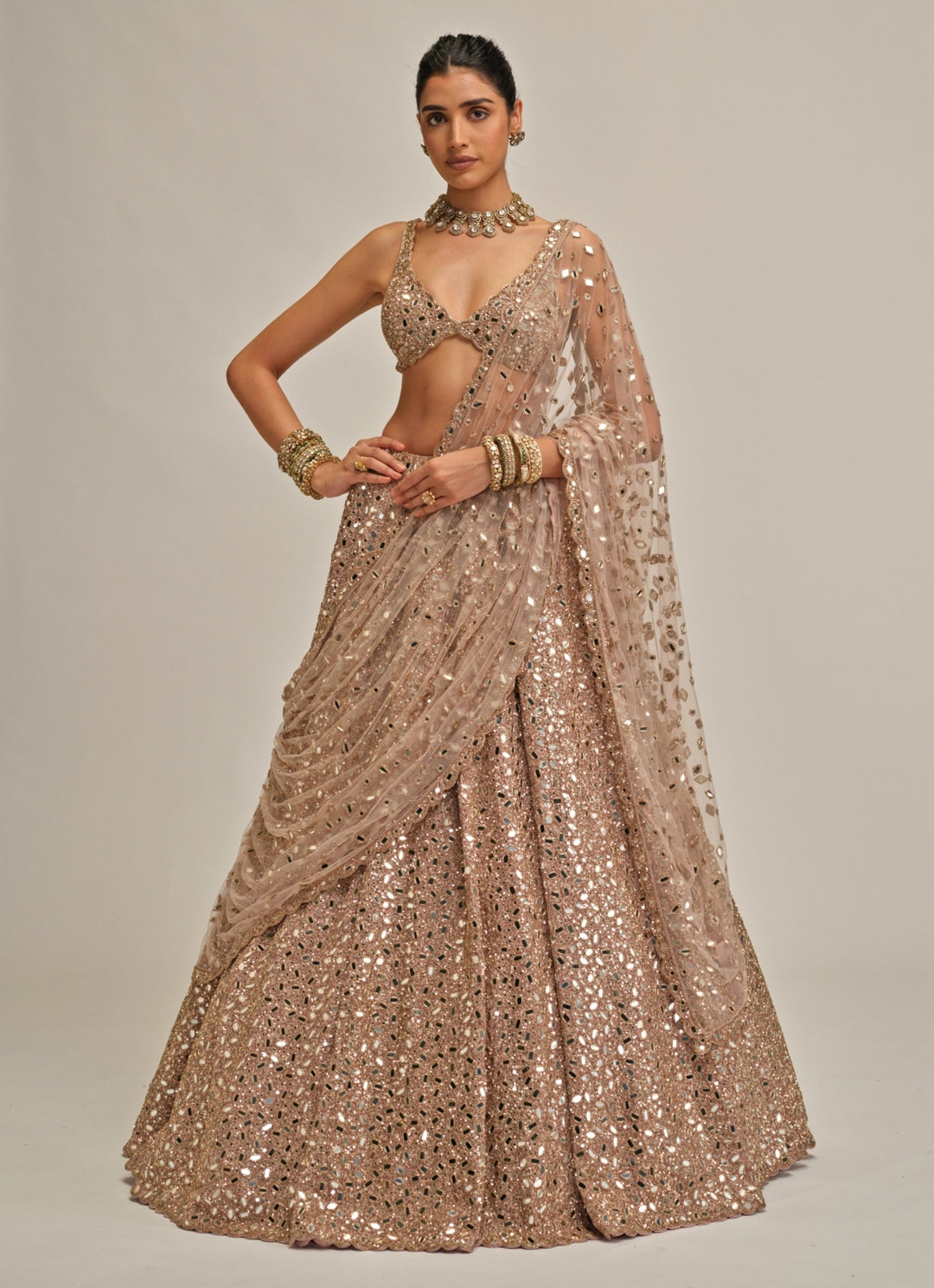 Ash Pink Mirror Embroidered Crepe Lehenga