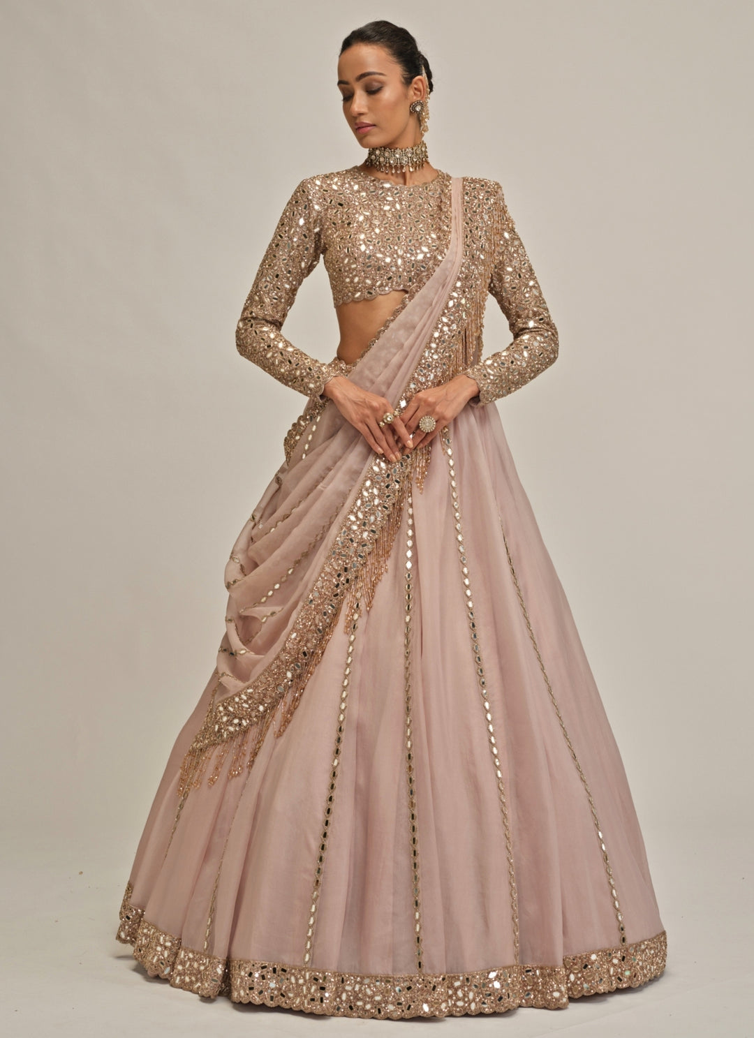 Ash Pink Linear Organza Lehenga