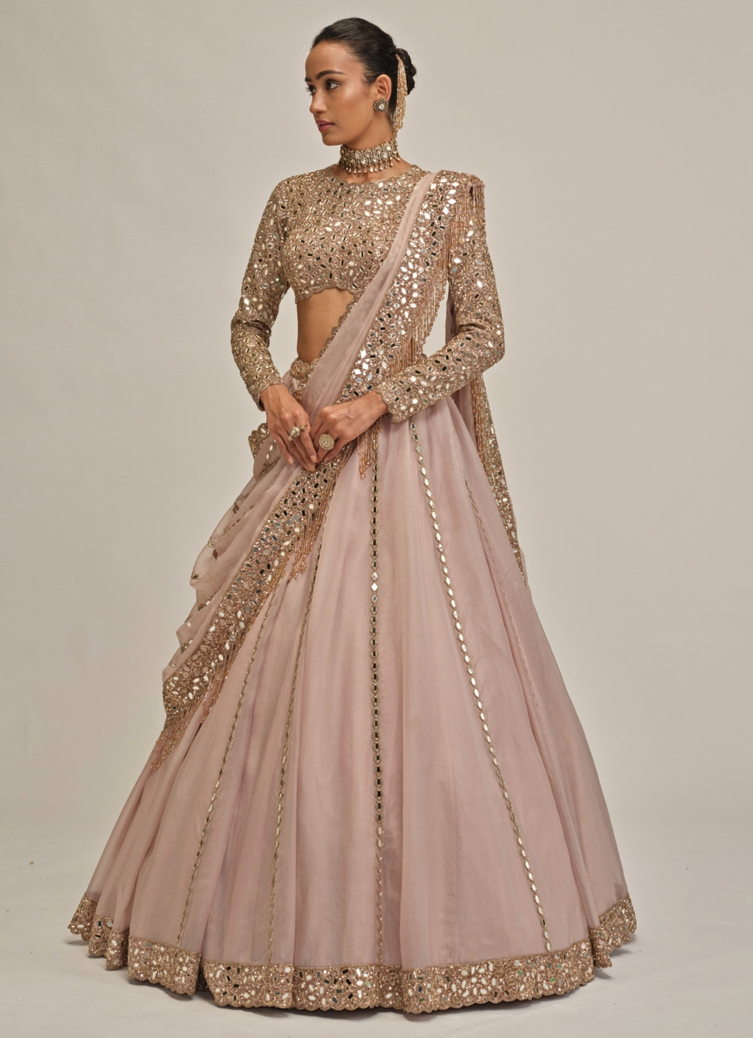 Ash Pink Linear Organza Lehenga
