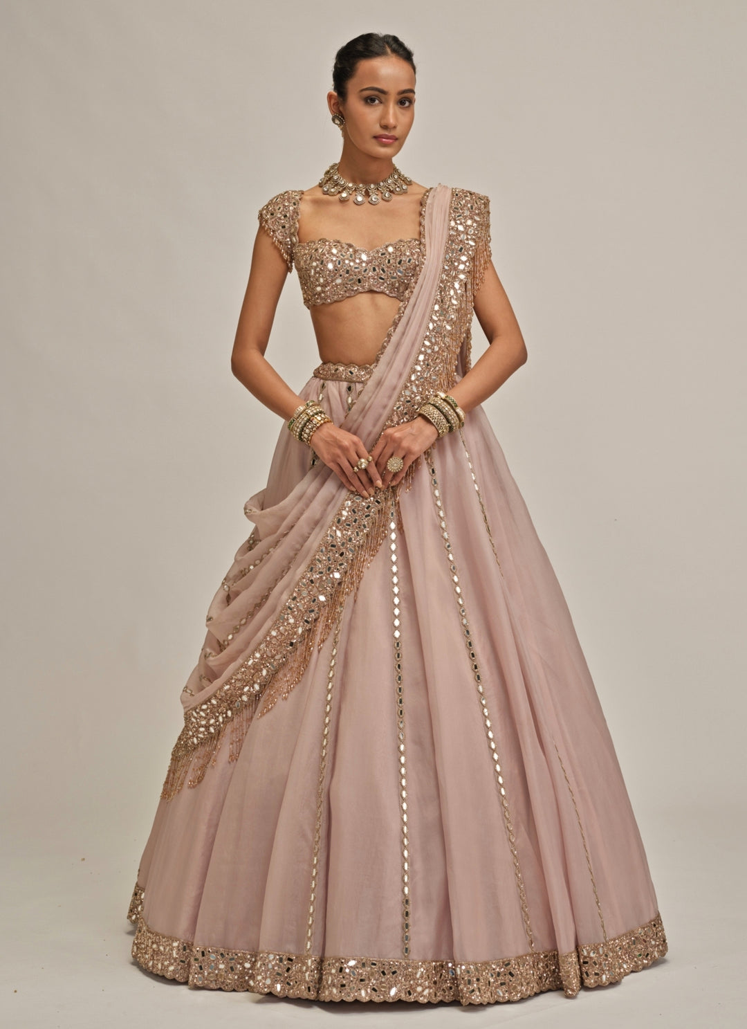 Ash Pink Mirror Linear Organza Lehenga