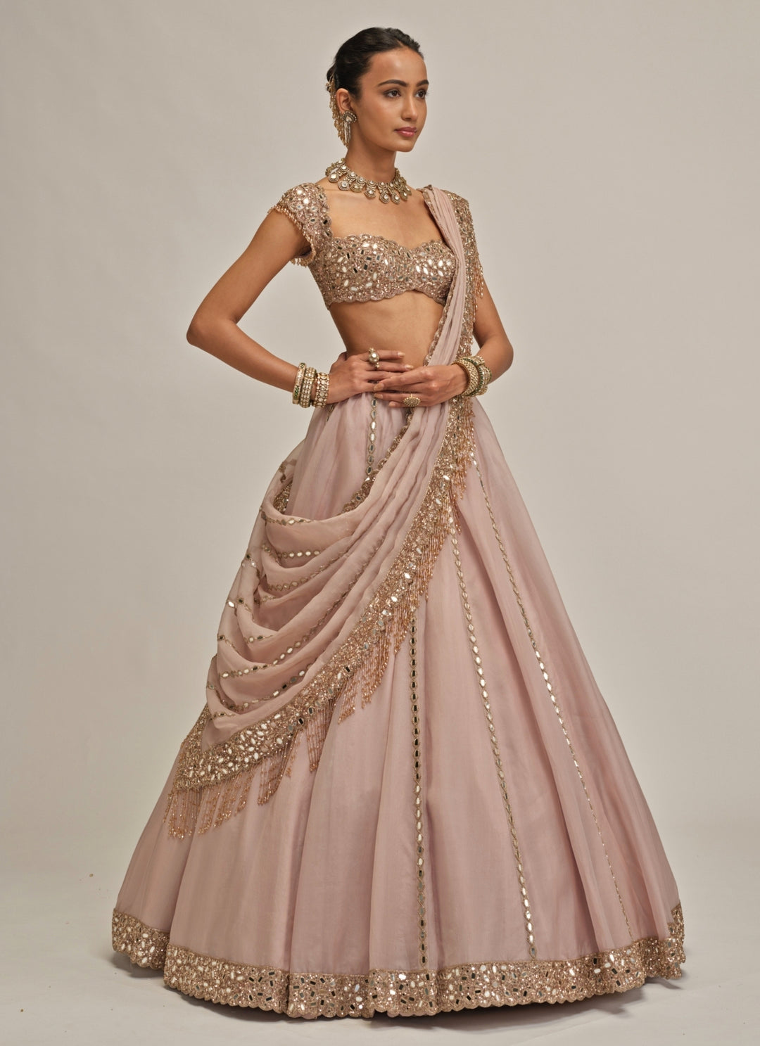 Ash Pink Mirror Linear Organza Lehenga