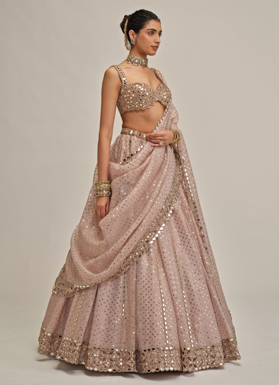 Ash Pink Sequins Embroidered Organza Lehenga