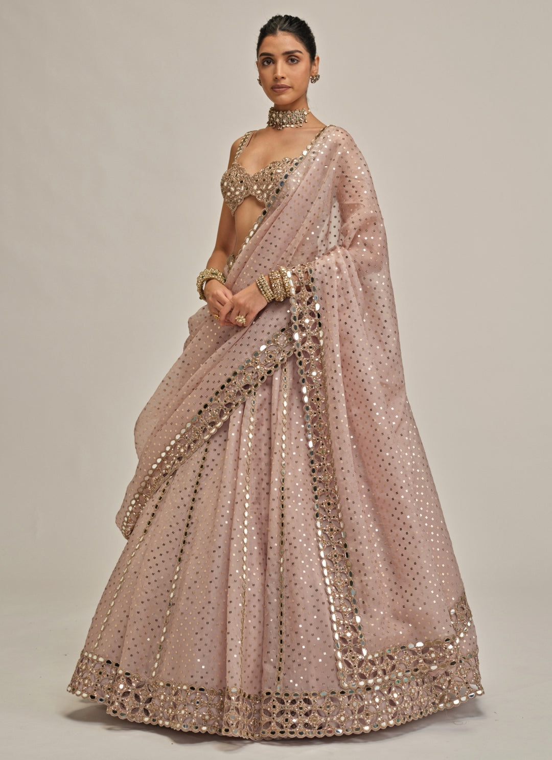 Ash Pink Sequins Embroidered Organza Lehenga