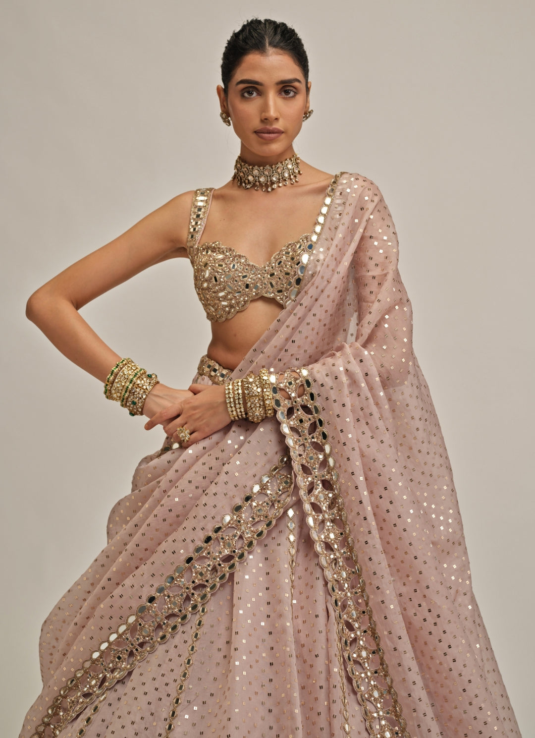 Ash Pink Sequins Embroidered Organza Lehenga