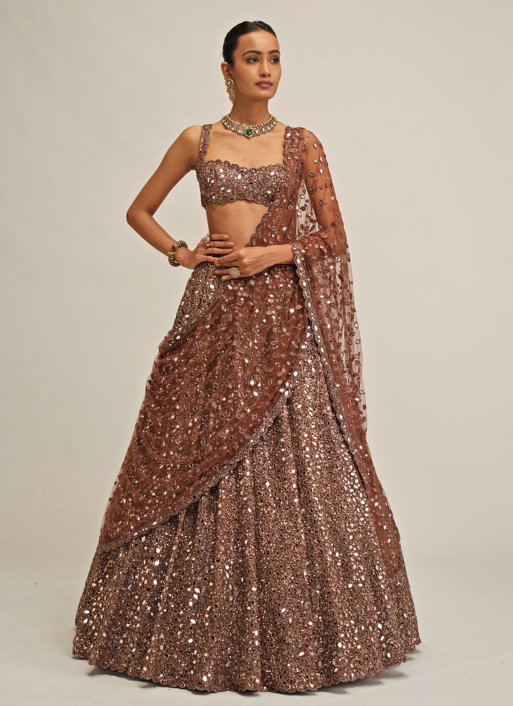 Metallic Brown Mirror Crepe Lehenga