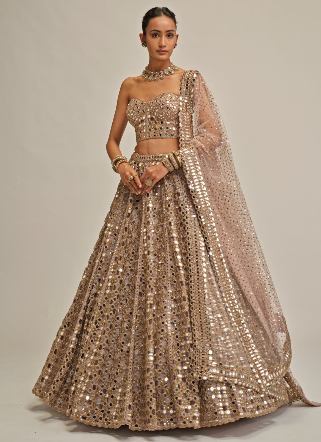 Ash Pink Mirror Embroidered Georgette Corset Lehenga