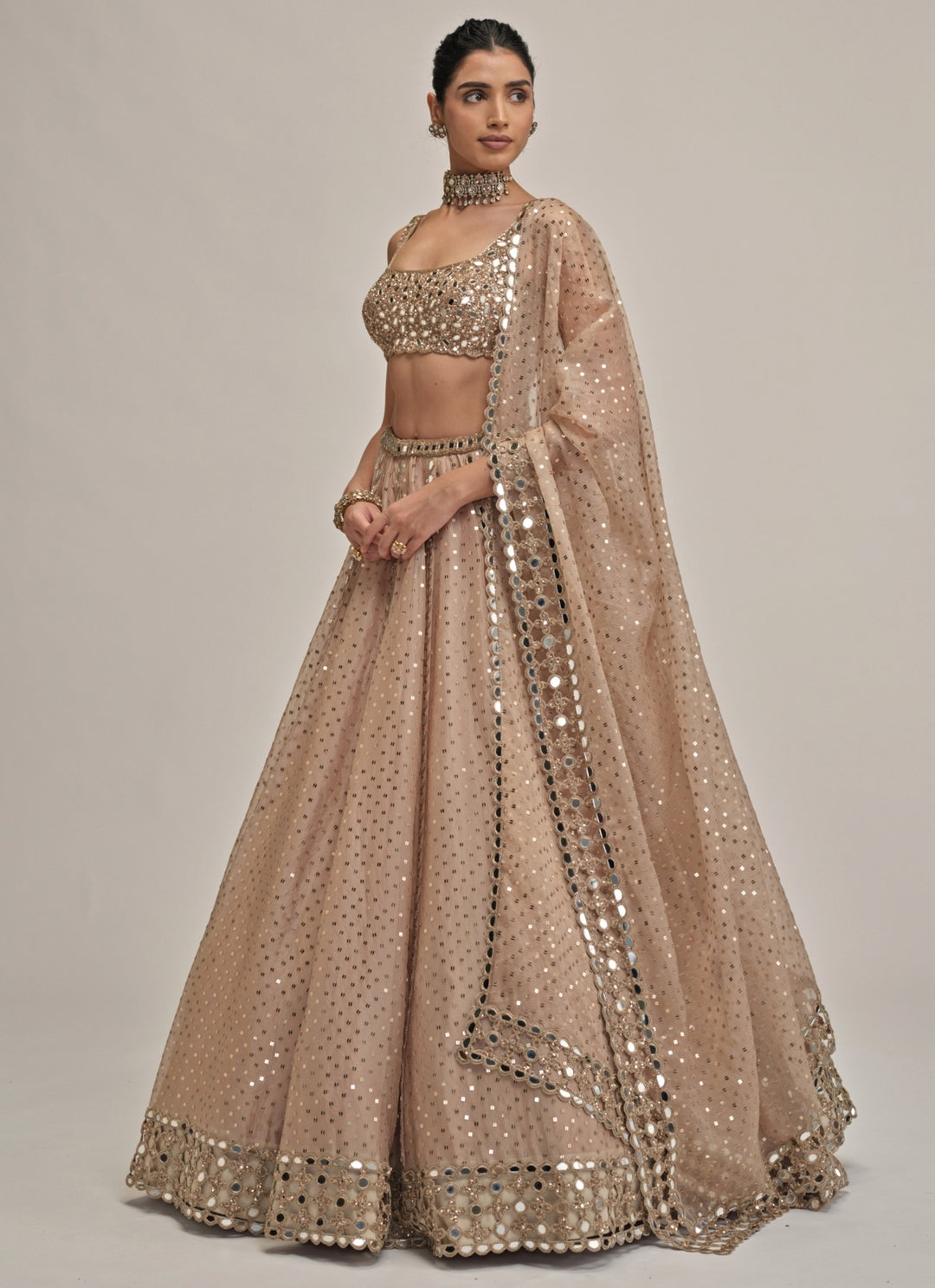 Beige Gold Sequins Embroidered Organza Lehenga