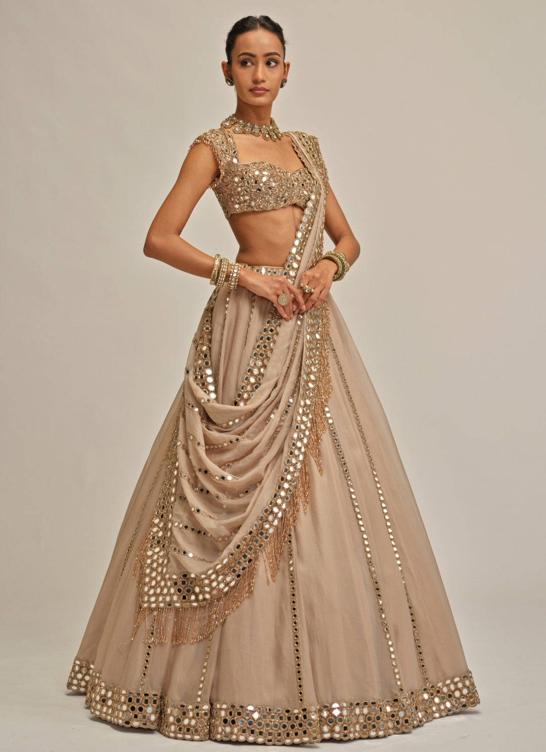 Beige Gold Mirror Linear Organza Lehenga