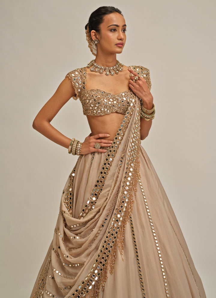 Beige Gold Mirror Linear Organza Lehenga
