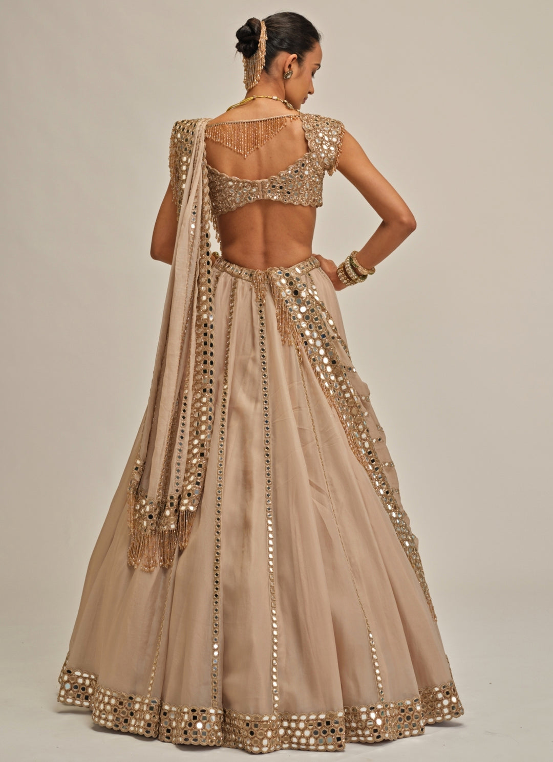 Beige Gold Mirror Linear Organza Lehenga