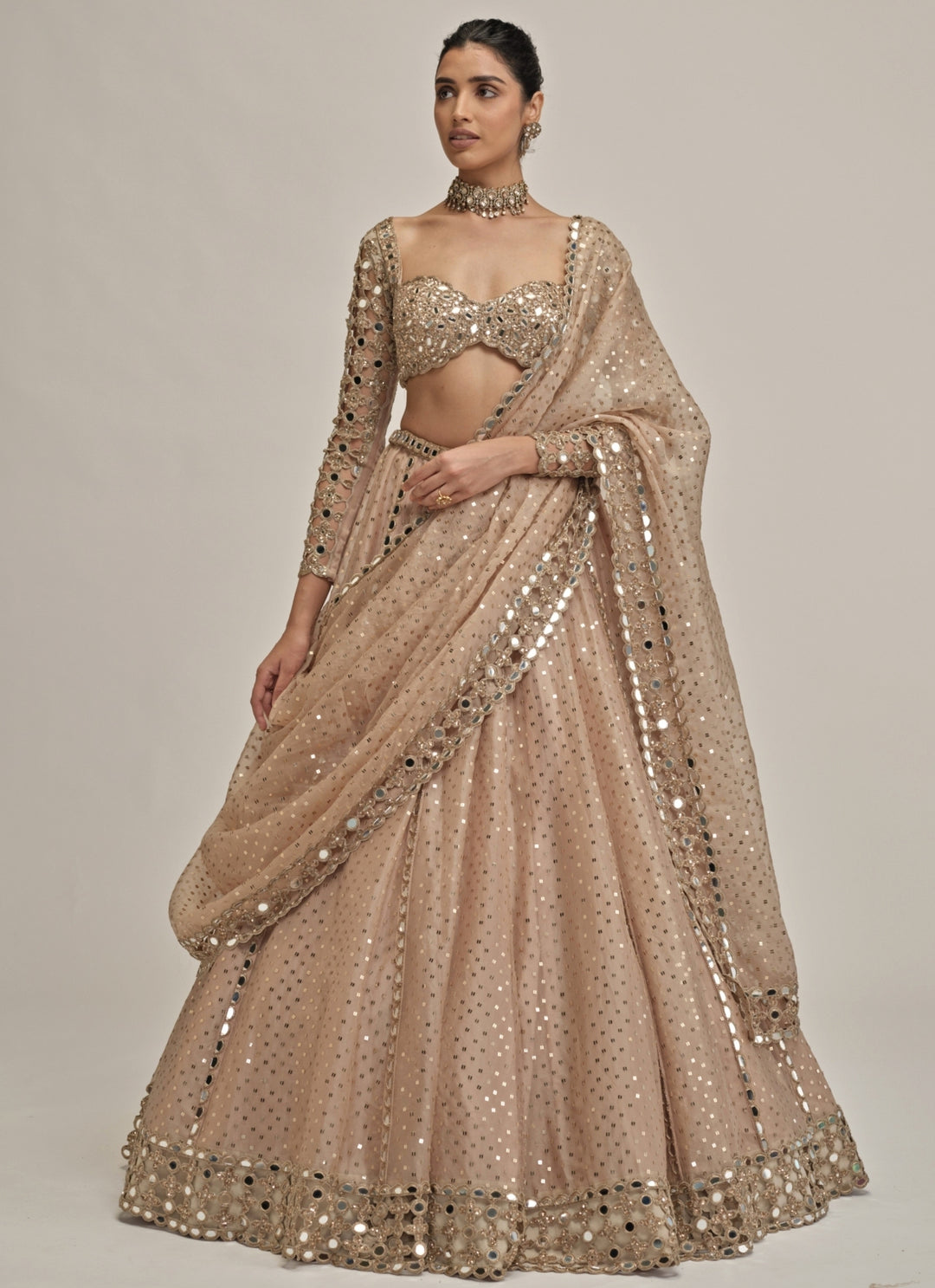 Beige Gold Sequins Embroidered Crepe Lehenga