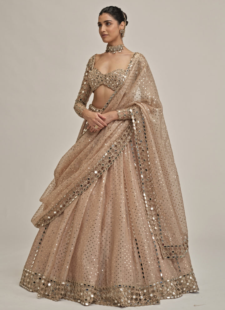 Beige Gold Sequins Embroidered Crepe Lehenga