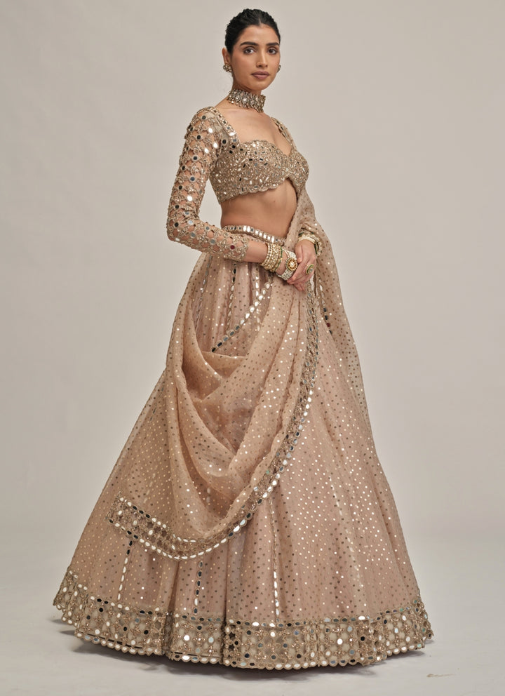 Beige Gold Sequins Embroidered Crepe Lehenga