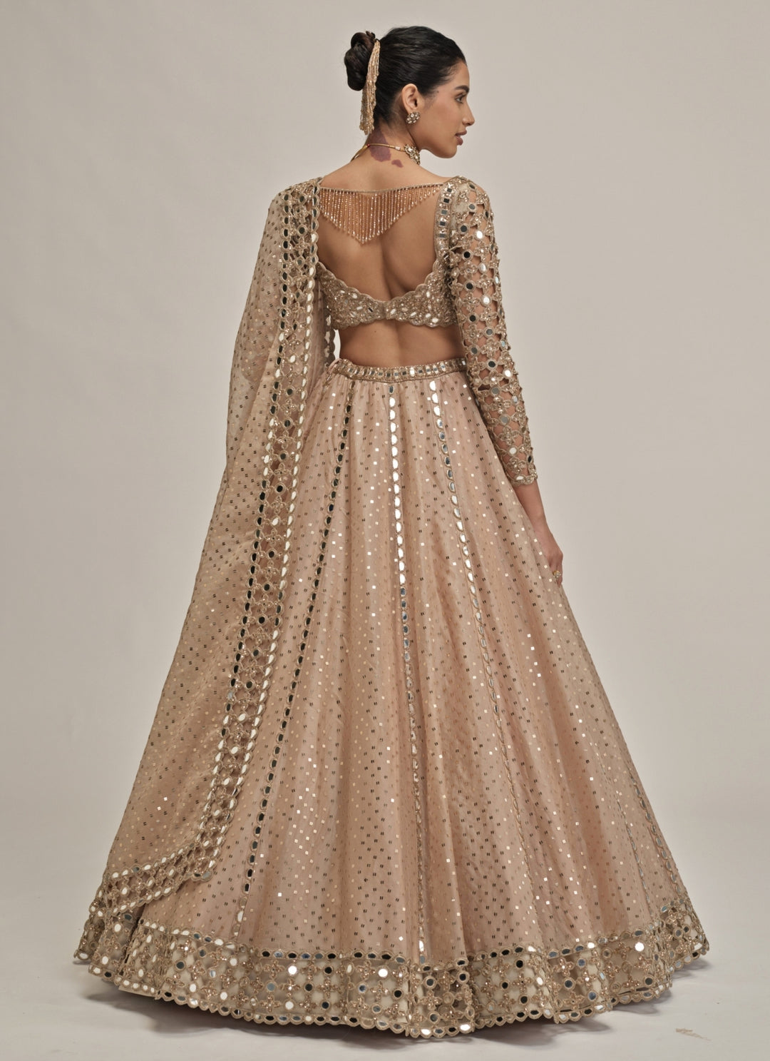 Beige Gold Sequins Embroidered Crepe Lehenga