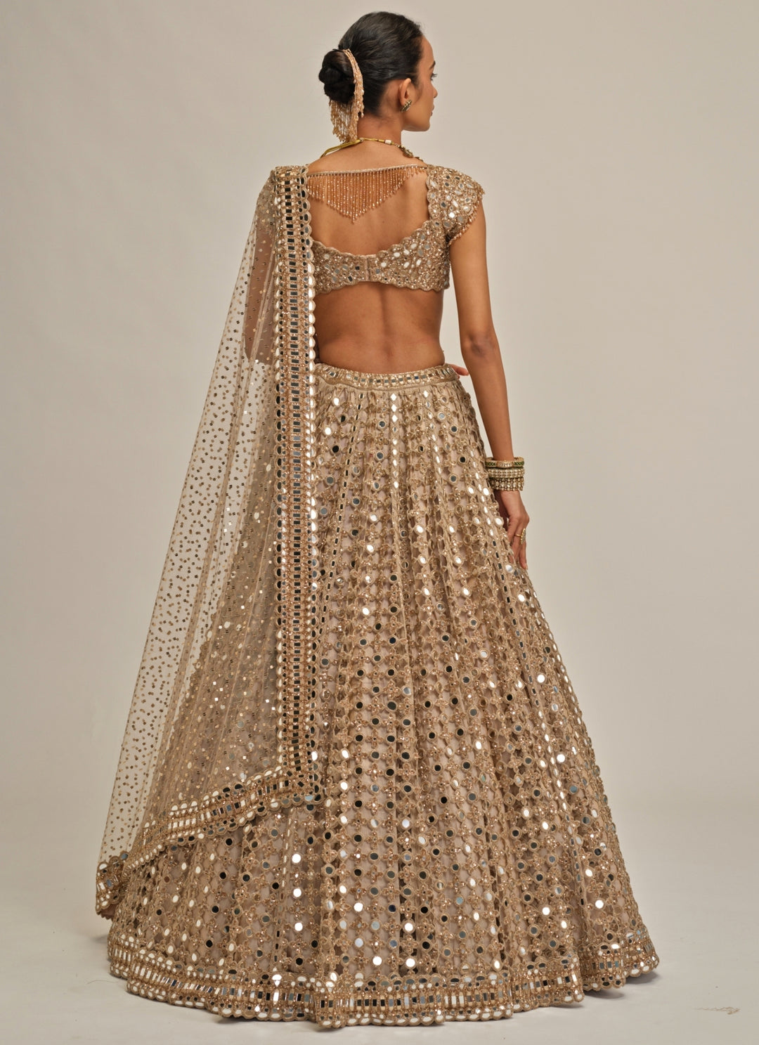 Beige Gold Mirror Embroidered Georgette Lehenga