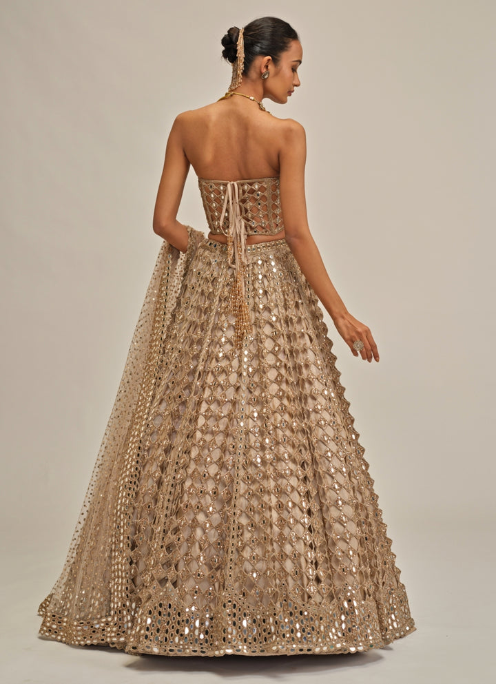 Beige Gold Mirror Georgette Corset Lehenga