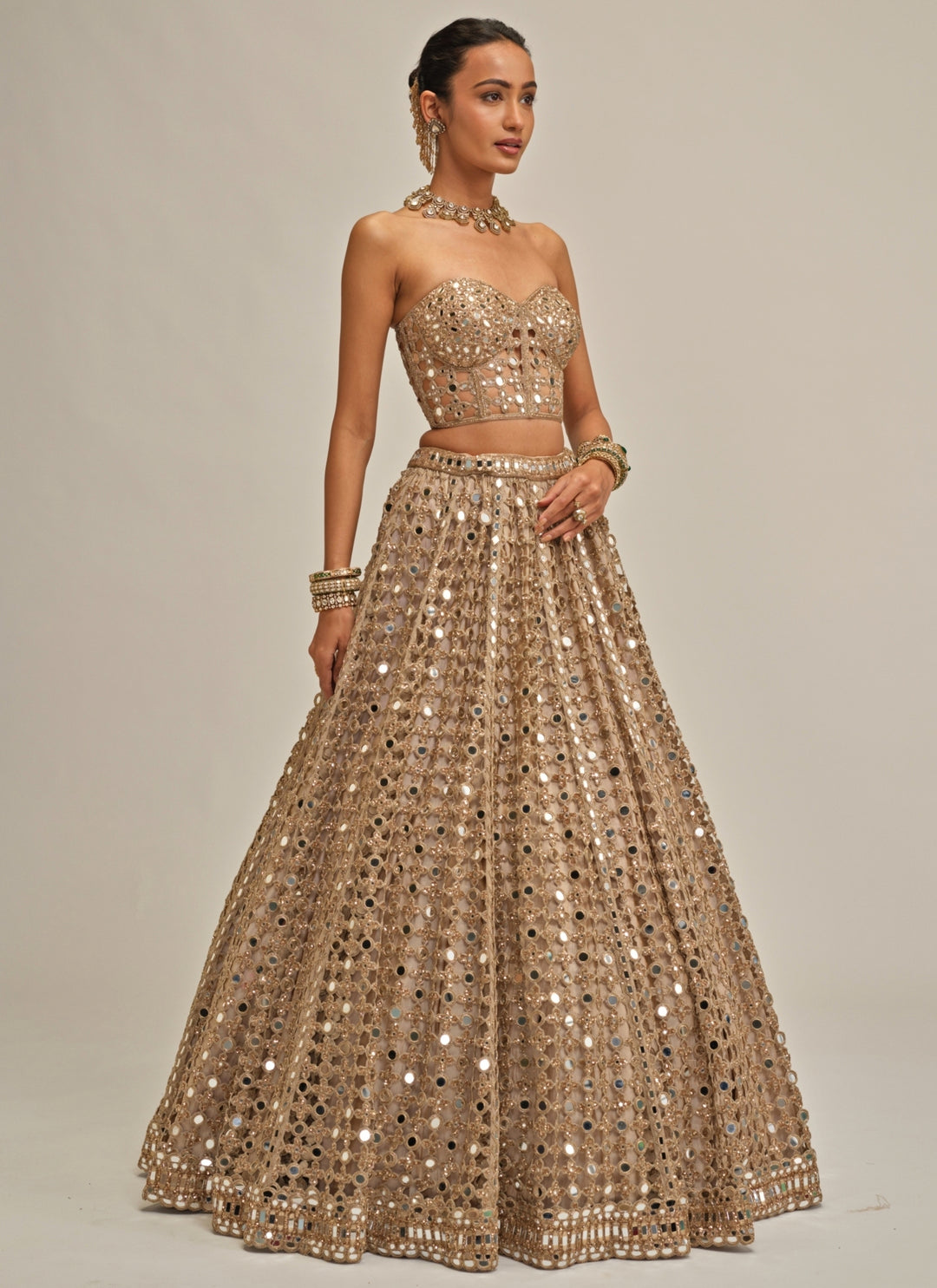 Beige Gold Mirror Georgette Corset Lehenga