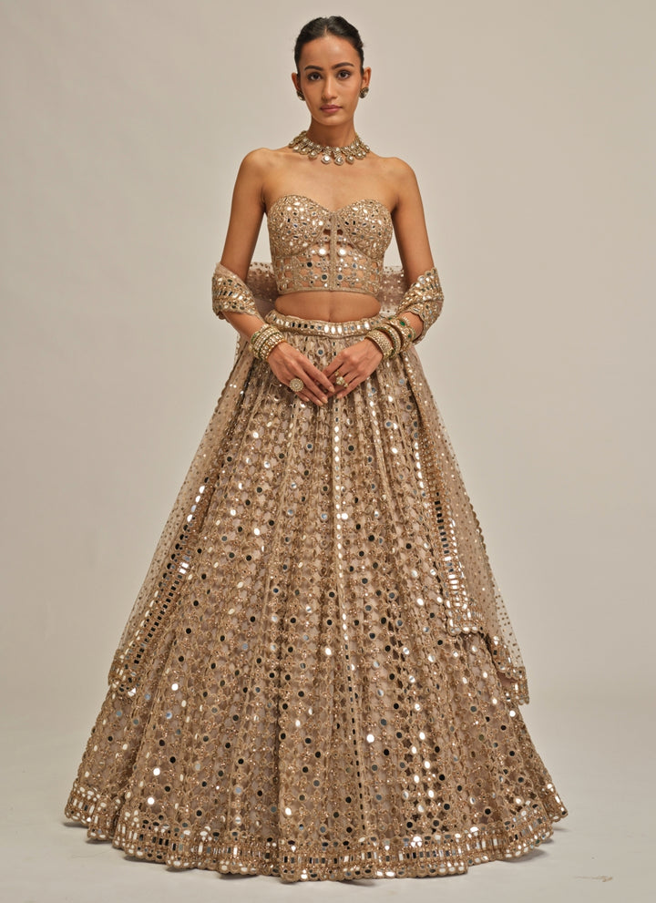 Beige Gold Mirror Georgette Corset Lehenga