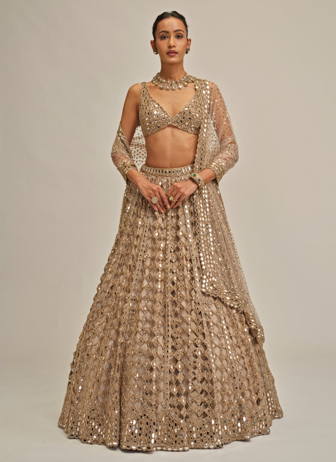 Beige Gold Diamond And Mirror Cutwork Georgette Lehenga