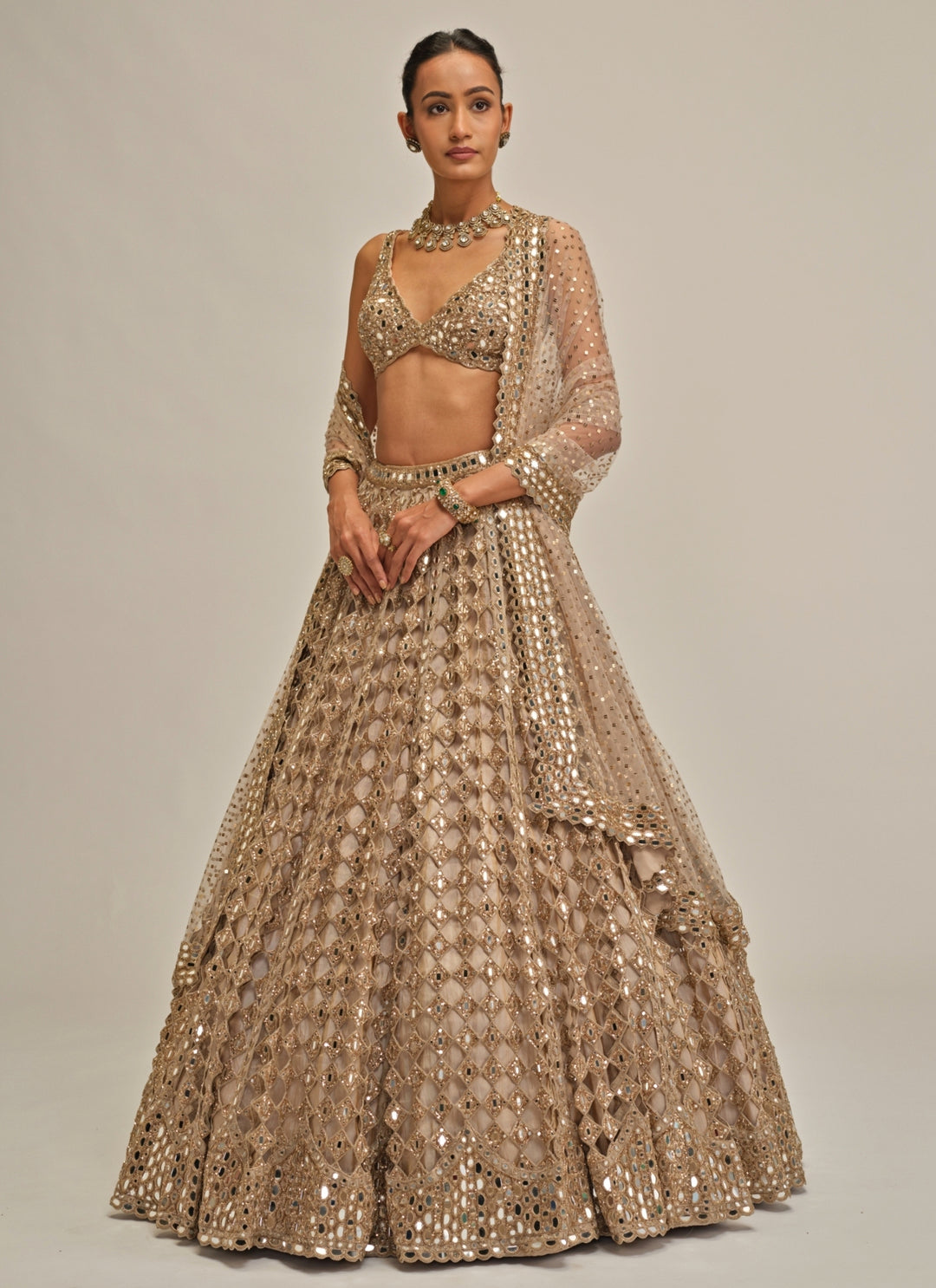 Beige Gold Diamond And Mirror Cutwork Georgette Lehenga